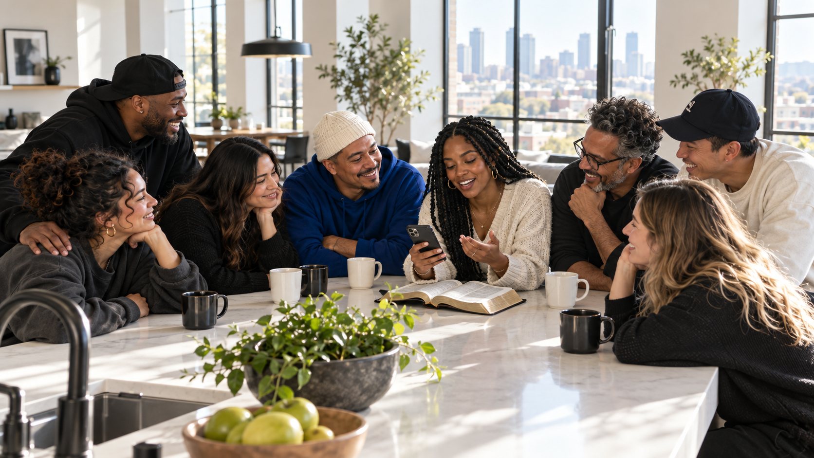 Friends around a kitchen island in a bright apartment, leaning in as one of them reads from the Bible on her phone