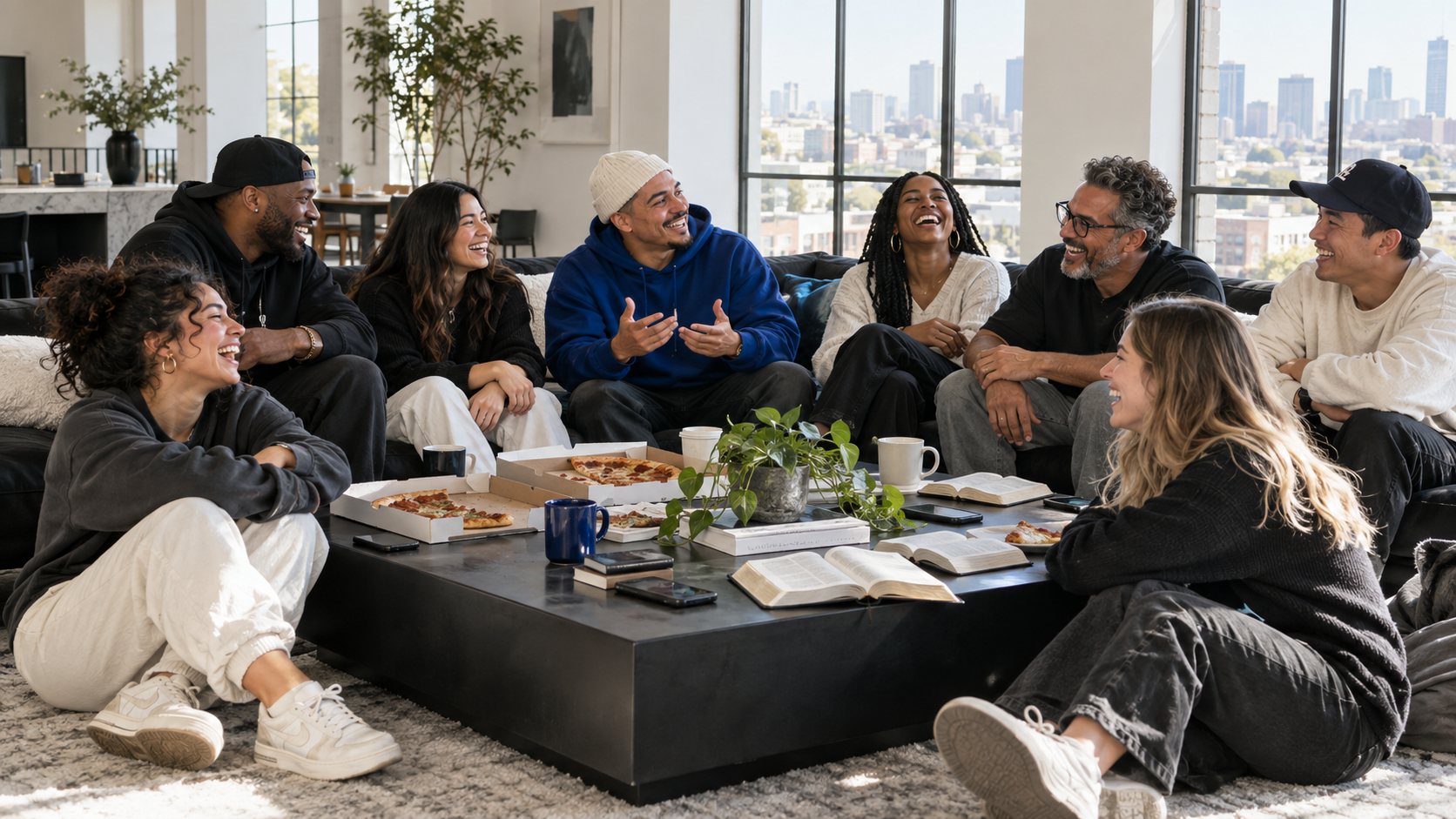 Friends in hoodies and sneakers laughing together in a bright loft, with pizza, coffee and open Bibles on the table