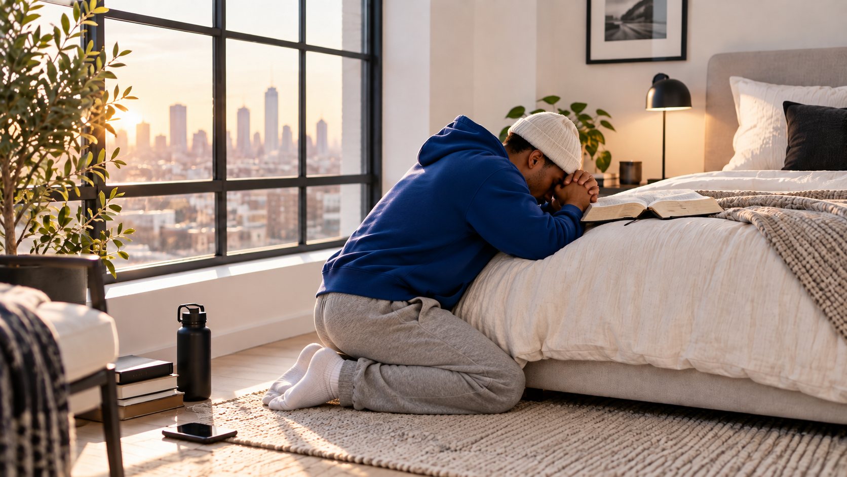A young man in a blue hoodie kneeling beside his bed at sunrise, head bowed into his hands in prayer, his Bible open beside him