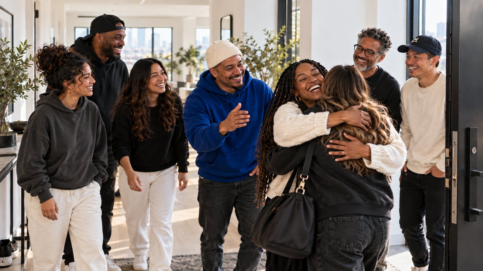 A newcomer welcomed at the door with a big hug while friends in hoodies and sneakers gather around, smiling